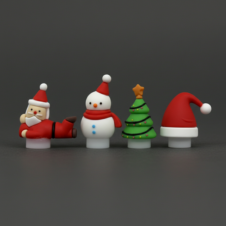 Set of Christmas-themed 8mm Straw Toppers including Santa Claus, snowman, Christmas tree, and Santa Hat on a grey background.